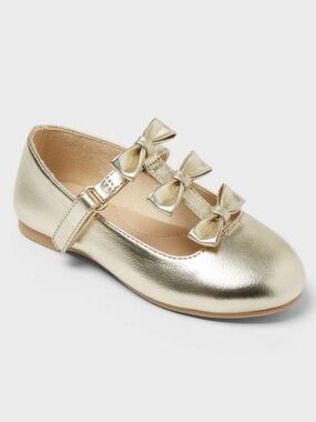 Cat & Jack Girls Metallic Gold Mary Jane Shoes with Triple Bows